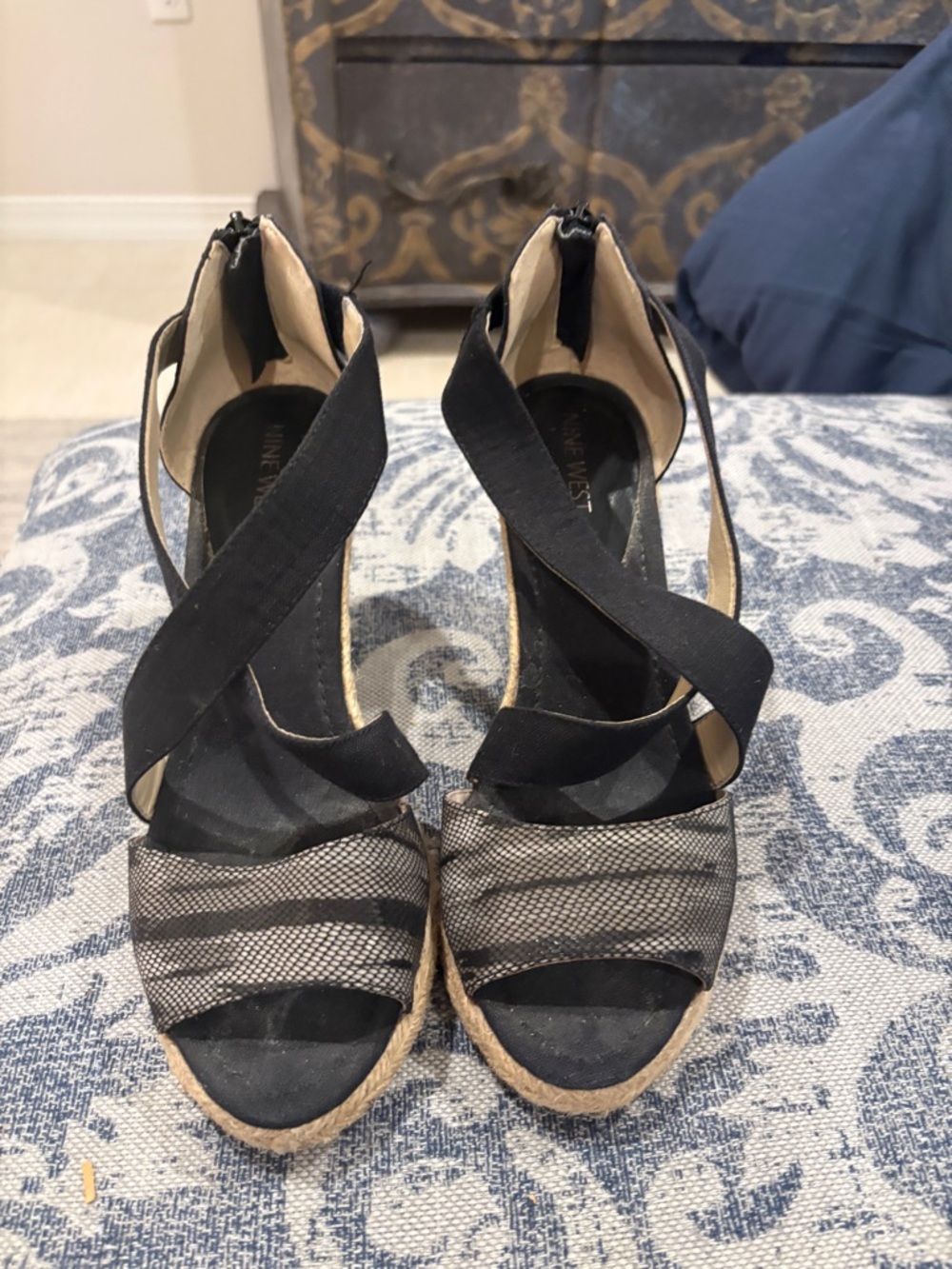 Nine West Black Strappy Espadrille Wedge Sandals